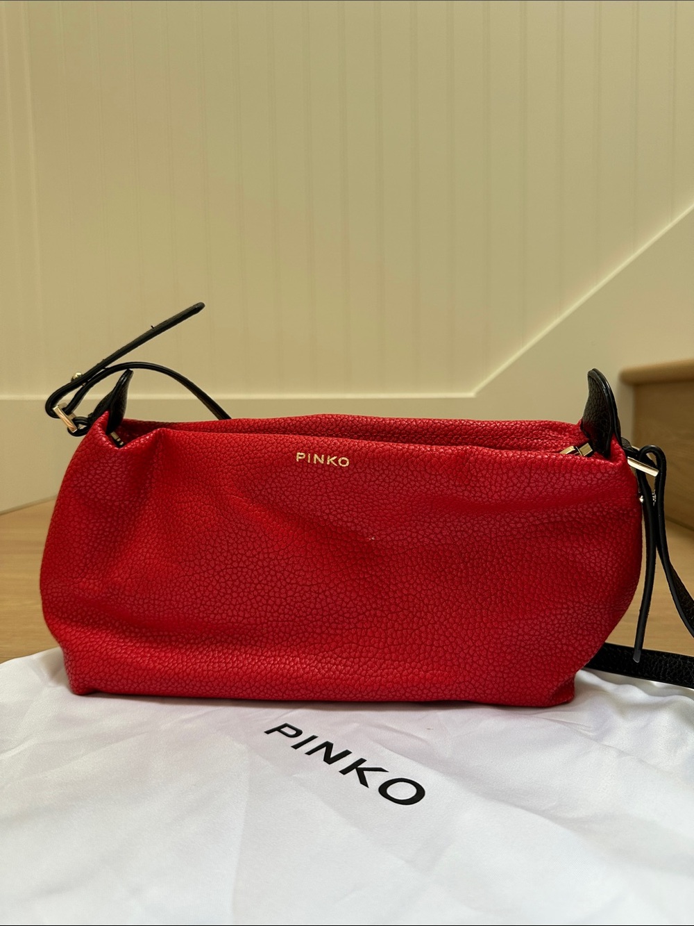 Pinko Red Pebbled Leather Shoulder Crossbody with Black Strap